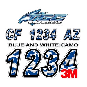 Blaue und weiße Camouflage-Boot-Registrierungsnummern und Buchstaben-Abziehbilder Vinyl-Namen und benutzerdefinierte Textaufkleber 3 "x 18" (2) Abziehbilder