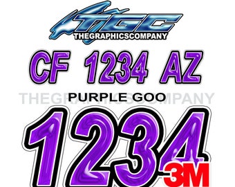 Purple Goo Registration Numbers or Letter Decals Vinyl Names and Custom Text Stickers 3" x 18" (2) Decals