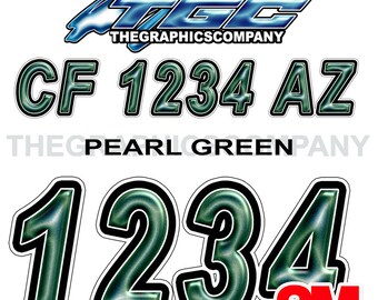 Pearl Green  Boat Registration Numbers or Letter Decals Vinyl Names and Custom Text Stickers 3" x 18" (2) Decals