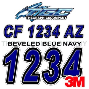 Abgeschrägte blaue Marine-Bootsregistrierungszahlen und Buchstaben-Abziehbild-Namen und kundenspezifische Textaufkleber 3 "x 18" (2) Abziehbilder