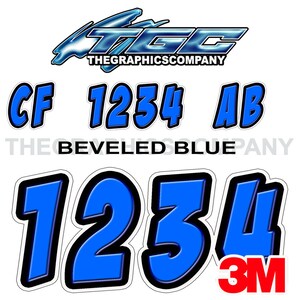 Abgeschrägte blaue Badaboom-Boot-Registrierungsnummern und Buchstaben-Abziehbild-Namen und kundenspezifische Text-Aufkleber 3 "x 18" (2) Abziehbilder