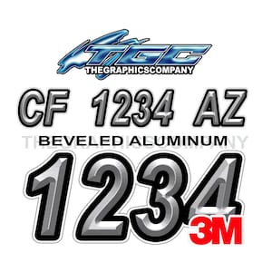 Beveled Brushed Aluminum Boat Registration Numbers and Letters Decals Vinyl Names and Custom Text Stickers 3&quot; x 18&quot; (2) Decals