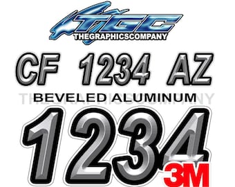 Beveled Brushed Aluminum Boat Registration Numbers and Letters Decals Vinyl Names and Custom Text Stickers 3&quot; x 18&quot; (2) Decals