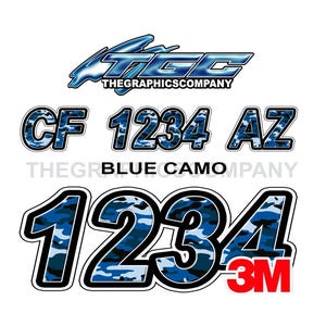 Blue Camo Registration Numbers and Letters Decals Vinyl Names and Custom Text Stickers 3&quot; x 18&quot; (2) Decals