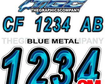 Blauw metallic bootregistratienummers of letters, stickers, vinylnamen en aangepaste tekststickers