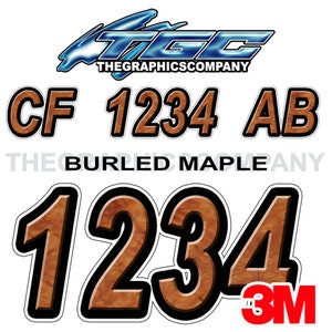 Burled Maple Boat Registration Numbers and Letters Decals Names and Custom Text Stickers 3&quot; x 18&quot; (2) Decals