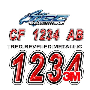 Red Contour Metallic Registration Numbers and Letters Decals Vinyl Names and Custom Text Stickers 3&quot; x 18&quot; (2) Decals