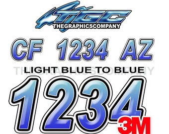 Light Blue to Blue Boat Registration Numbers or Letter Decals Vinyl Names and Custom Text Stickers 3" x 18" (2) Decals