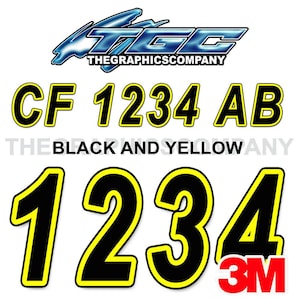 Black and Yellow Registration Numbers and Letters Decals Vinyl Names and Custom Text Stickers 3&quot; x 18&quot; (2) Decals