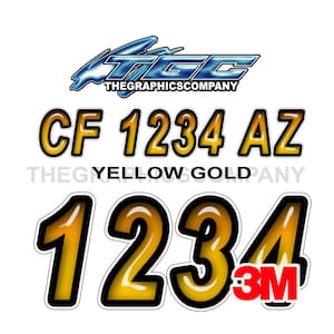 Yellow Gold Registration Numbers and Letters Decals Vinyl Names and Custom Text Stickers 3&quot; x 18&quot; (2) Decals