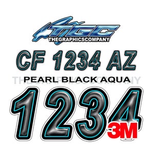 Decalcomanie con numeri di registrazione e lettere per barche color acquamarina Pearl Black, nomi in vinile e adesivi con testo personalizzato 3" x 18" (2) Decalcomanie