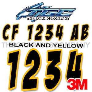 Black and Sunflower Yellow Badaboom Boat Registration Numbers and Letters Decals Vinyl Names and Custom Text Stickers 3&quot; x 18&quot; (2) Decals