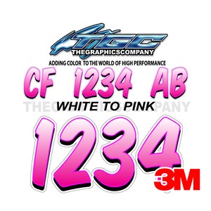White to Pink Registration Numbers and Letters Decals Vinyl Names and Custom Text Stickers 3&quot; x 18&quot; (2) Decals
