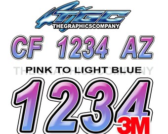 Pink to Light Blue Boat Registration Numbers or Letters Decals Vinyl Names and Custom Text Stickers  3" x 18" (2) Decals