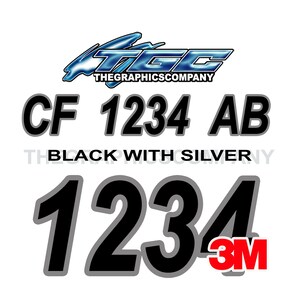 Black and Metallic Silver Boat Registration Numbers and Letters Decals Names and Custom Text Stickers 3&quot; x 18&quot; (2) Decals