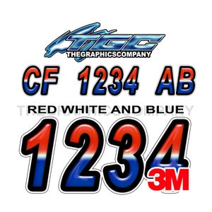 Red White and Blue Registration Numbers and Letters Decals Vinyl Names and Custom Text Stickers 3&quot; x 18&quot; (2) Decals