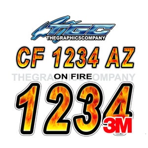 On Fire Registration Numbers and Letters Decals Vinyl Names and Custom Text Stickers 3&quot; x 18&quot; (2) Decals