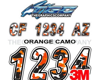 Oranje camouflage bootregistratienummers en letters, stickers, vinylnamen en aangepaste tekststickers