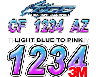 Light Blue to Pink Boat Registration Numbers and Letters Decals Vinyl Names and Custom Text Stickers  3" x 18" (2) Decals