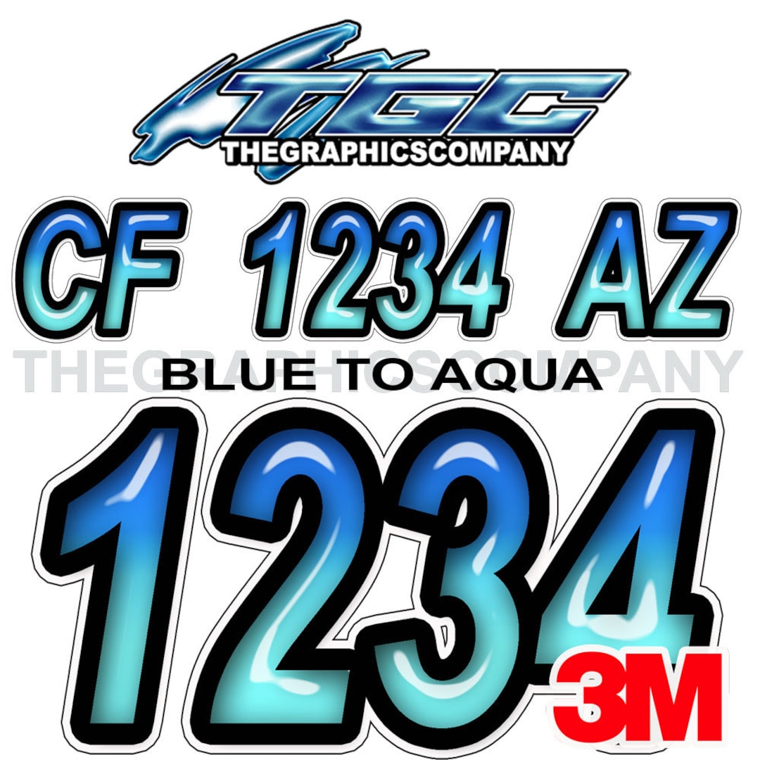 Blue to Aqua Boat Registration Numbers and Letters Decals Vinyl Names