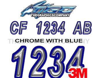Chrome with Blue Boat Registration Numbers and Letters Decals Vinyl Names and Custom Text Stickers 3" x 18" (2) Decals