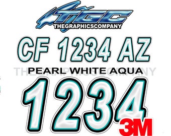Pearl White Aqua Boat Registration Numbers or Letter Decals Vinyl Names and Custom Text Stickers 3" x 18" (2) Decals