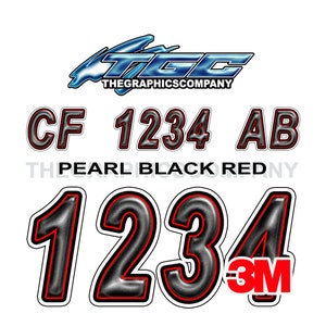 May include: Black and red racing numbers with a pearl finish. The numbers are 1, 2, 3, and 4. The numbers are outlined in red and have a 3M logo on the bottom right. The text "CF 1234 AB" is also included in the image.