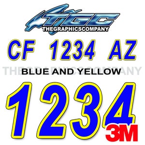 Blau auf Gelb Registrierungszahlen und Buchstaben Aufkleber Vinyl Namen und benutzerdefinierte Text Aufkleber 3 "x 18" (2) Aufkleber