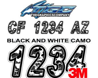 Boat Registration Numbers or Letter Decals Vinyl Names and Custom Text Stickers Black and White Camo 3" x 18" (2) Decals