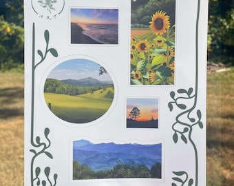 May include: A white sticker sheet featuring five landscape illustrations, including a beach at sunset, a sunflower field, a circular mountain meadow, a small sunset silhouette, and blue mountain ridges. Text reads Sarah Katherine Art and @sarahkatherine.art.