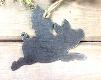 Flying Pig Metal Christmas Ornament, farmhouse Christmas Decor, Rustic Christmas, When pigs fly ornament, farm animal ornaments