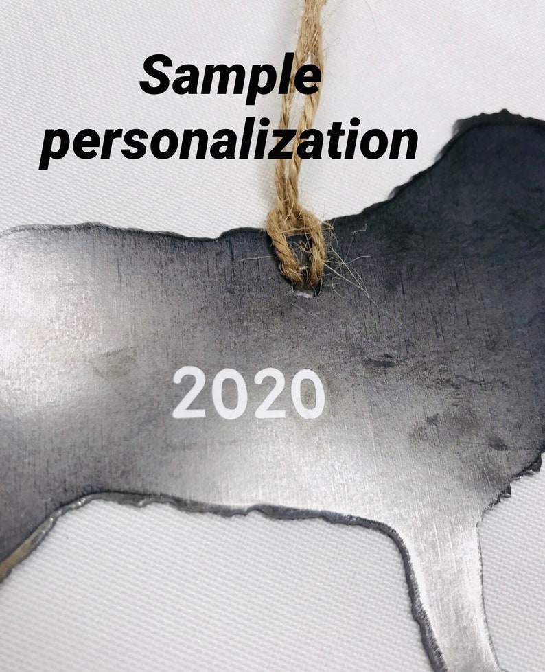 K&ouml;nnte beinhalten: Ein silberner Metallschild in Form eines Hundes mit dem Jahr 2020 eingraviert. Das Schild h&auml;ngt an einer Schnur aus Jute.
