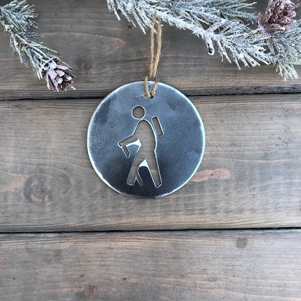 Hiking Christmas Ornament-Christmas Decor-Rustic Christmas-hiking christmas gift-metal ornaments-camping-farmhouse christmas decor-hiker