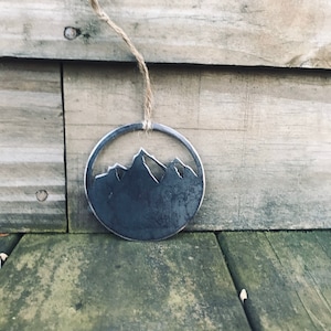 Handcrafted Rustic Mountain Metal Christmas Ornament | Adventure Metal Ornament| Made in USA from Recycled Steel | Holiday Gift for