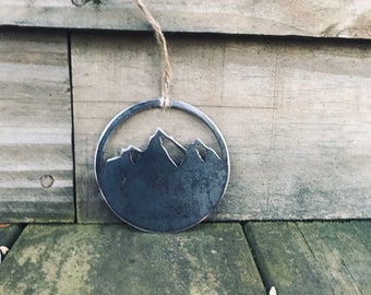 Handcrafted Rustic Mountain Metal Christmas Ornament | Adventure Metal Ornament| Made in USA from Recycled Steel | Holiday Gift for
