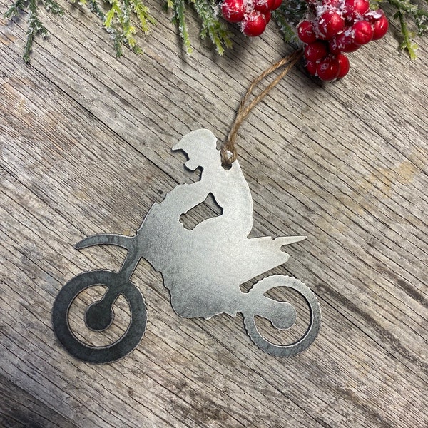 Dirt Bike Metal Ornament, Christmas Decor, Rustic Christmas, farmhouse christmas decor, dirt bike christmas ornament