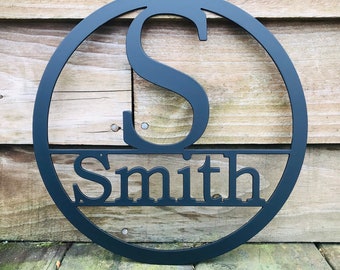 24 INCH Circle Monogram with Family Last Name, Personalized Monogram Door Hanger, Custom Metal Sign with Last Name