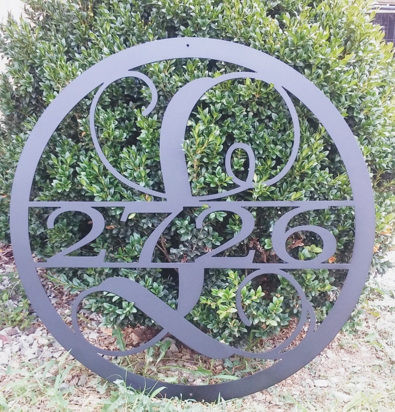 24 Inch Circle Monogrammed Metal Sign with House Number, Monogrammed Address Sign, Personalized Address Sign image 2