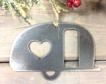 Camper Christmas Ornament-Christmas Decor-Rustic Christmas-camping christmas gift, metal ornaments-rv gifts,-farmhouse christmas decor-