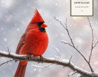 Lámina decorativa de invierno con diseño de cardenal, escena invernal rústica vintage, decoración de pared (descarga digital).