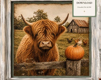 Lámina artística rústica de vaca de las Tierras Altas, decoración campestre vintage (8x10 PNG y PDF)