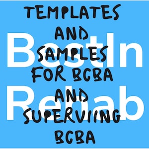 Può includere: Sfondo blu con testo bianco e nero: "TEMPLATES AND SAMPLES FOR BCBA AND REHAB AND SUPERVISING BCBA". Il testo è in un mix di caratteri e stili, con alcune parole in grassetto.