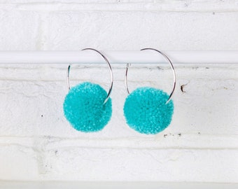 Blue Pom Pom Hoop Earrings, Pom Pom Earrings, Hoop Earrings, Statement Earrings, Blue Pom Poms, Colourful Earrings