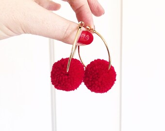 Red Pom Pom Hoop Earrings, Pom Pom Earrings, Hoop Earrings, Statement Earrings, Red Pom Poms, Christmas Earrings