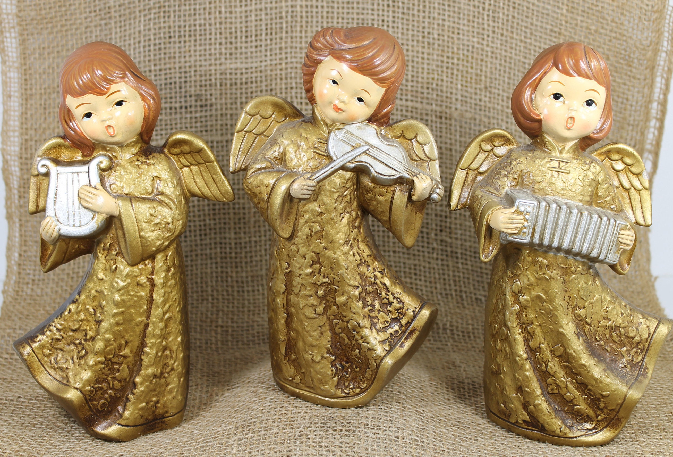 DSI Brand Gold paper mache ornaments Set of 2 with cherub Angels Christmas decor 