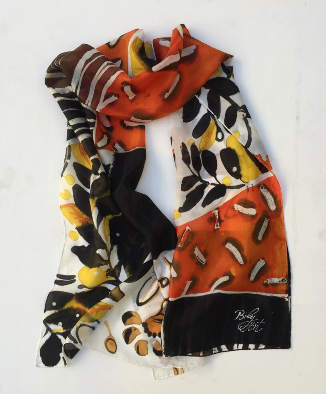 Orange Yellow Black Fall Silk Scarf Hand Painted Silk Etsy Portugal