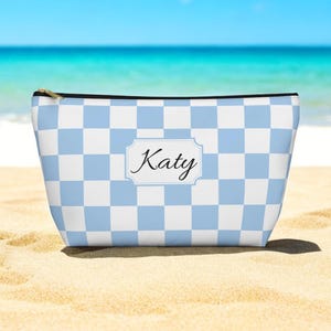 Blue Checkered Makeup Bag, Coat Core Bridesmaid Favor, Summer Cosmetic Bag, Custom Monogram Bag, bachelorette Beach Party Gifts
