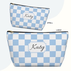 Blue Checkered Makeup Bag, Coat Core Bridesmaid Favor, Summer Cosmetic Bag, Custom Monogram Bag, bachelorette Beach Party Gifts