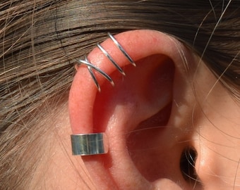 sterling silver ear cuff, no piercing cartilage earrings, simple minimalist silver ear wrap, wide band double loop criss cross free shipping