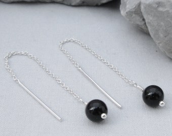 black onyx chain threader earrings, hypoallergenic sterling silver pull-through ear threads multiple piercings gift for her girlfriend wife